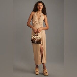 By Anthropologie Linen Halter V-Neck Column Midi Dress